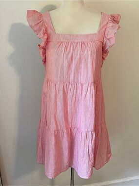 Marie Oliver Pink Striped Linen Blend Ruffle Sleeve Tiered Mini sun Dress XS
